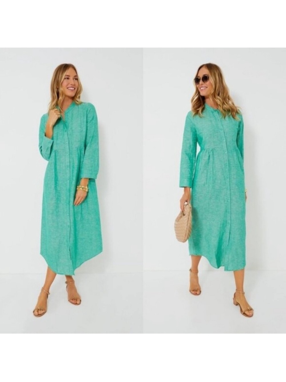 Tuckernuck Sea Green Lydell Maxi Shirt Dress Linen Long Sleeve Coastal Sz M NEW